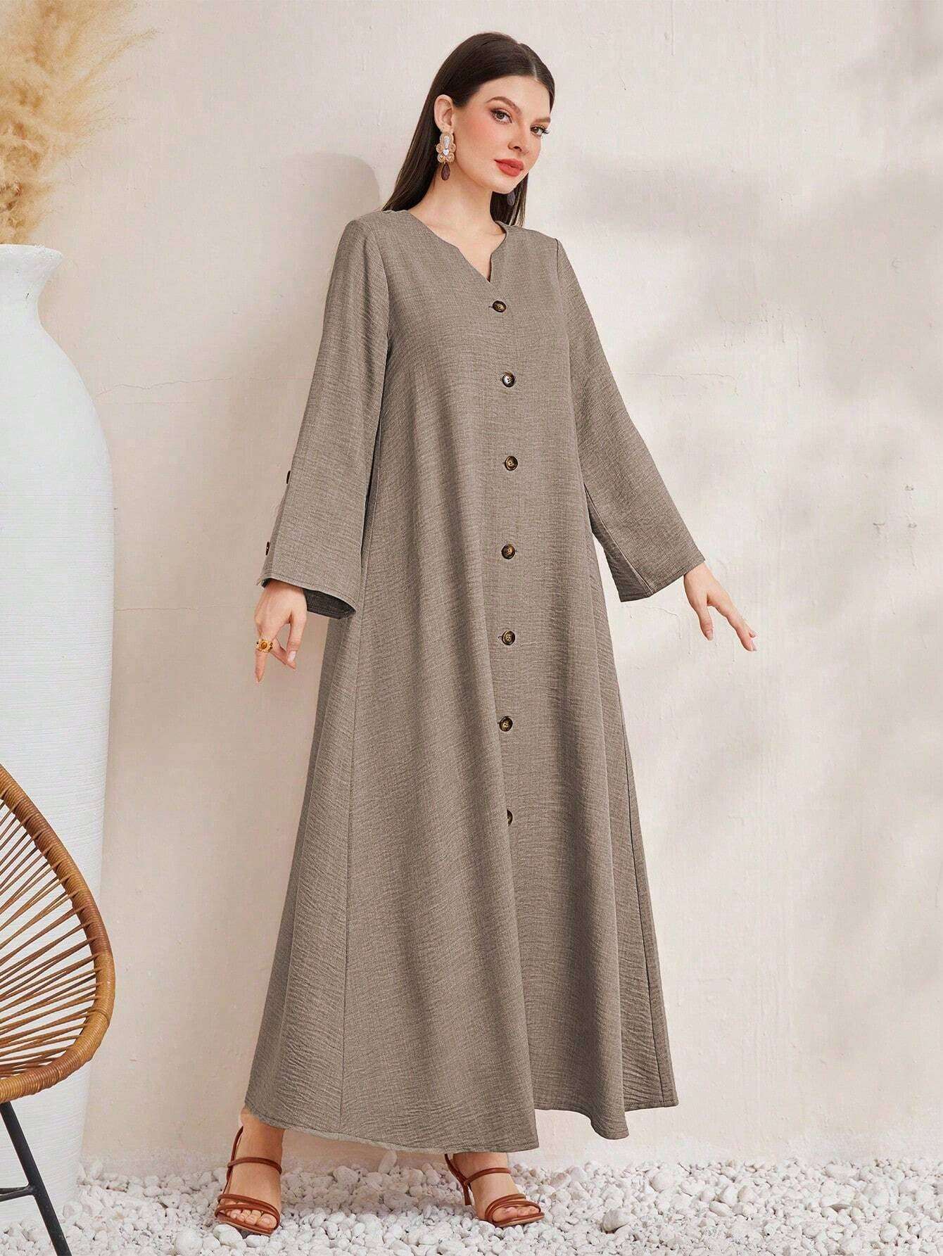 Al Najma Women Fashionable Elegant Long Sleeve Solid Color Robe Modest Abaya Arabian Dress