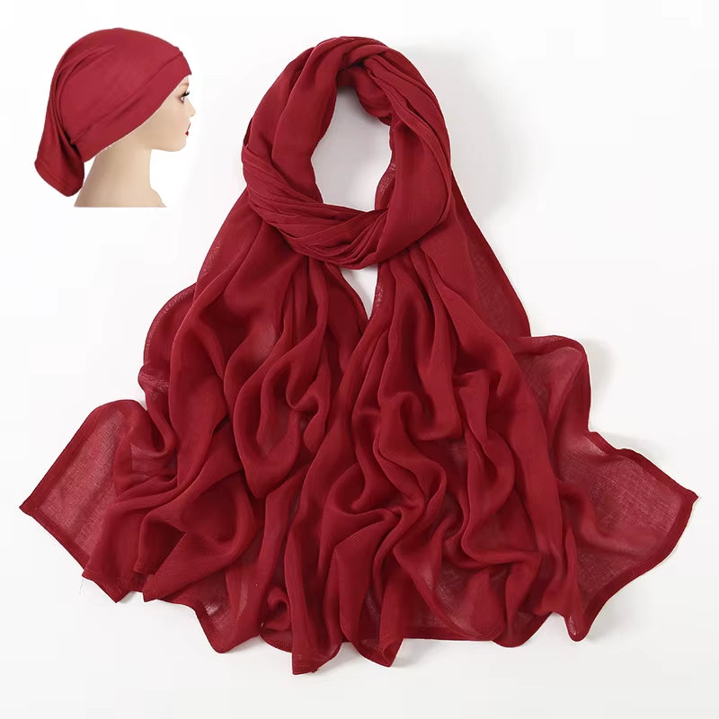 2 Pcs Set Viscose Hijab Matching Color Jersey Cap Plain Cotton Modal Muslim Women Scarf Soft Shawl Turbante Femenino