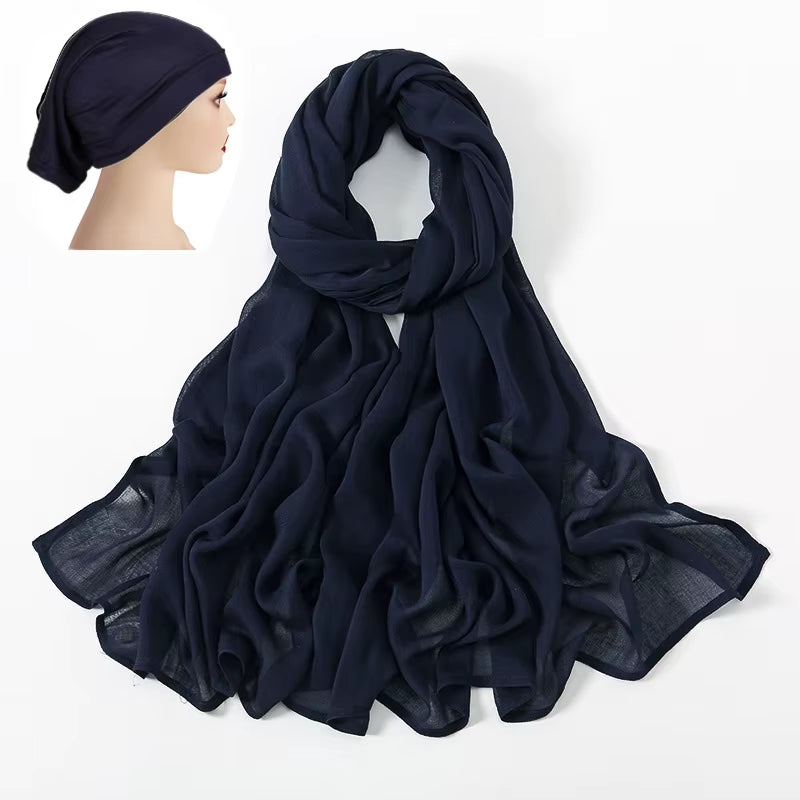 2 Pcs Set Viscose Hijab Matching Color Jersey Cap Plain Cotton Modal Muslim Women Scarf Soft Shawl Turbante Femenino