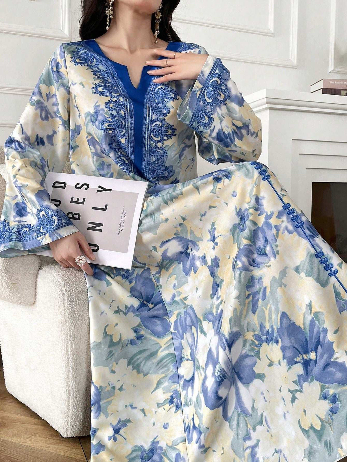 Al Najma Women'S Elegant Floral Print Long Bell Sleeve Modest Dress, Spring/Summer, Kaftan