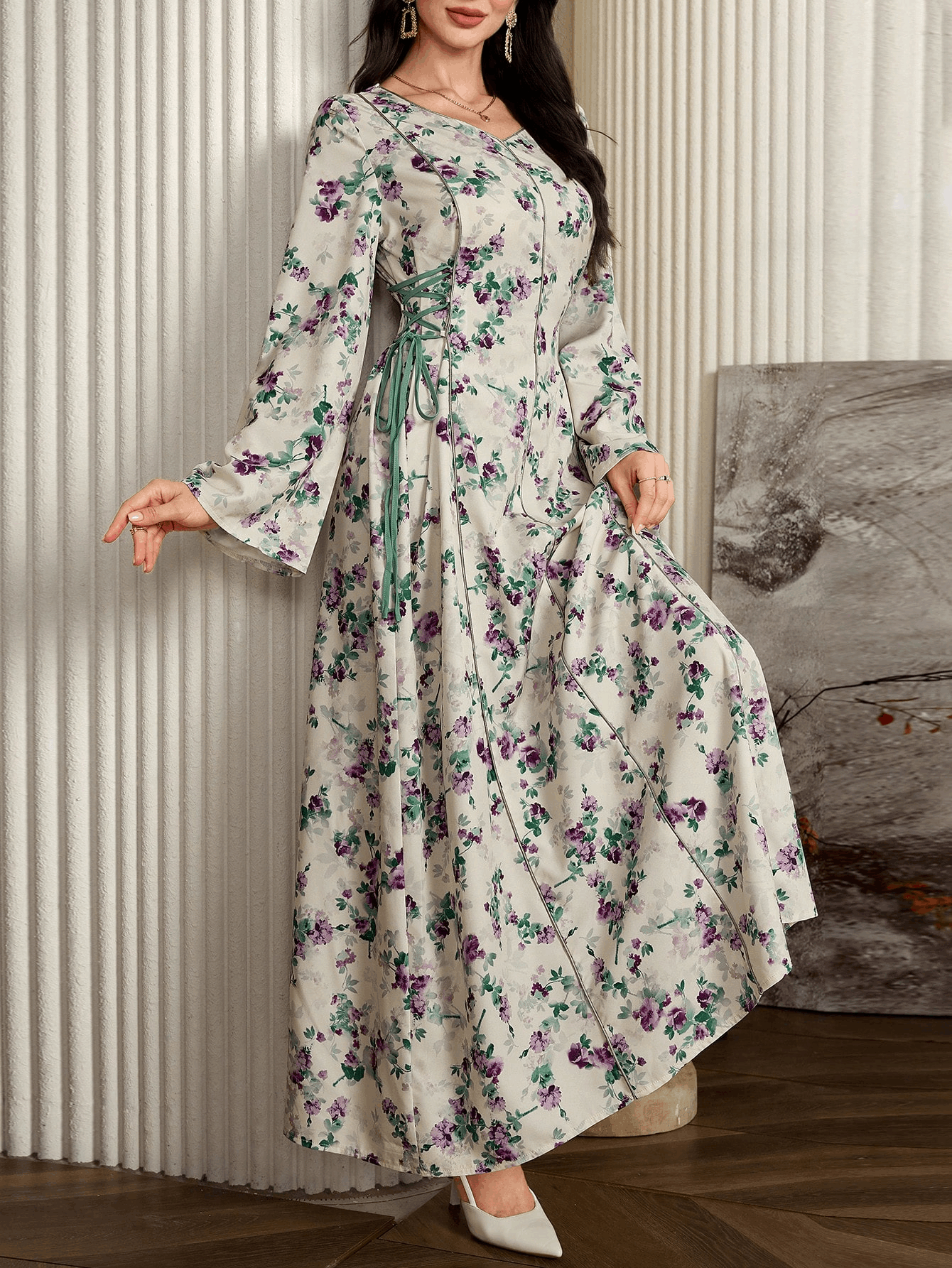 Al Najma Floral Allover Print Long Sleeve Lace-Up Arabic Style Dress, Casual Elegant a Line Maxi Kaftan Jalabiya Arabian Dresses, for Evening Party/Wedding Guest/Anniversary Fall Cloth for Women