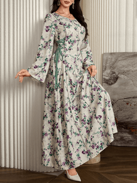 Al Najma Floral Allover Print Long Sleeve Lace-Up Arabic Style Dress, Casual Elegant a Line Maxi Kaftan Jalabiya Arabian Dresses, for Evening Party/Wedding Guest/Anniversary Fall Cloth for Women