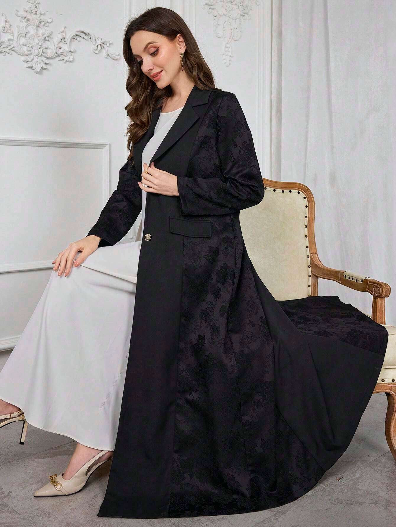 Al Najma Women'S Elegant Simple Jacquard Long Robe, Modest Abaya