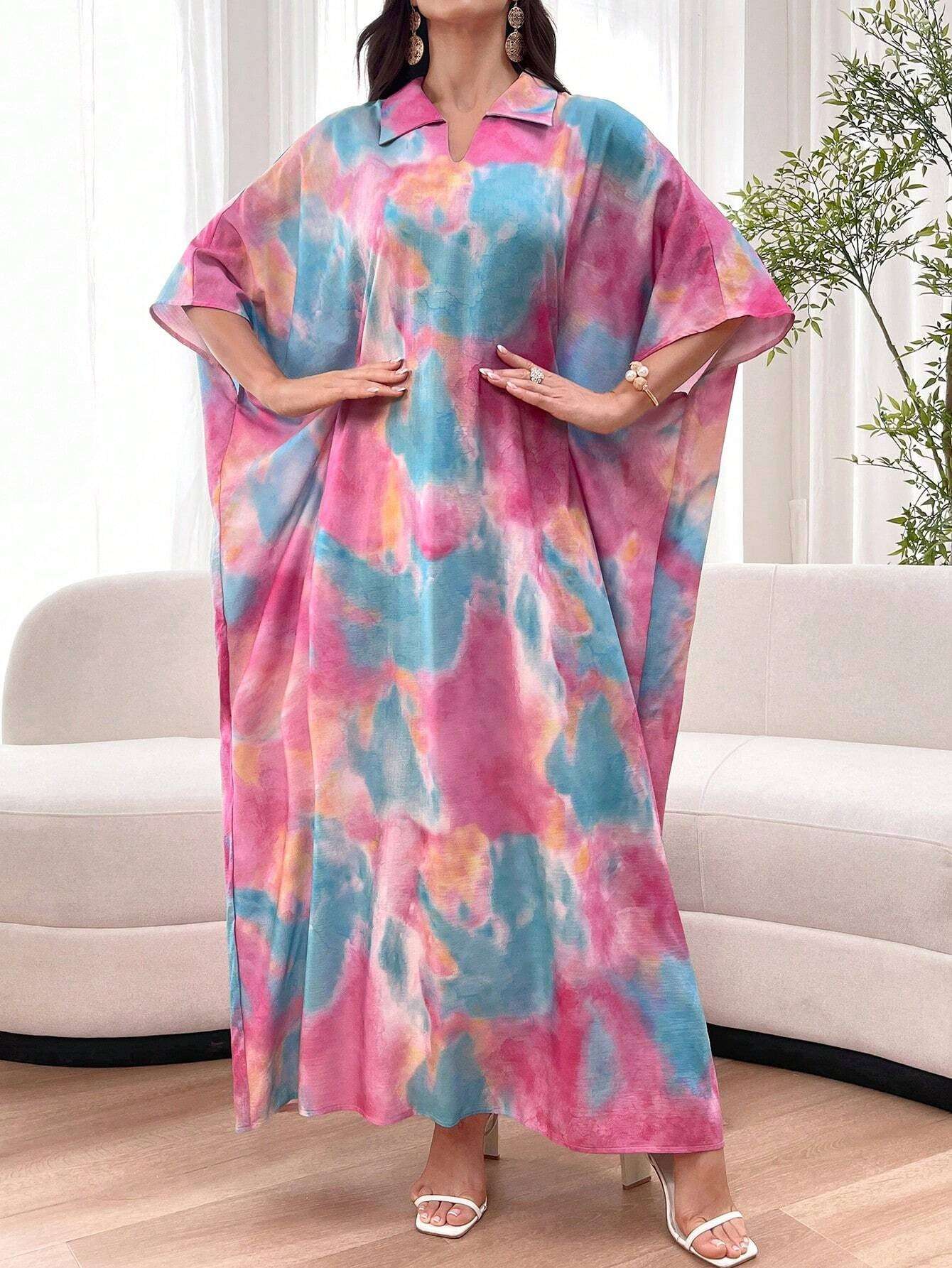 Al Najma Oversized Tie Dye Polo Collar Short Sleeve Dress, Spring/Summer