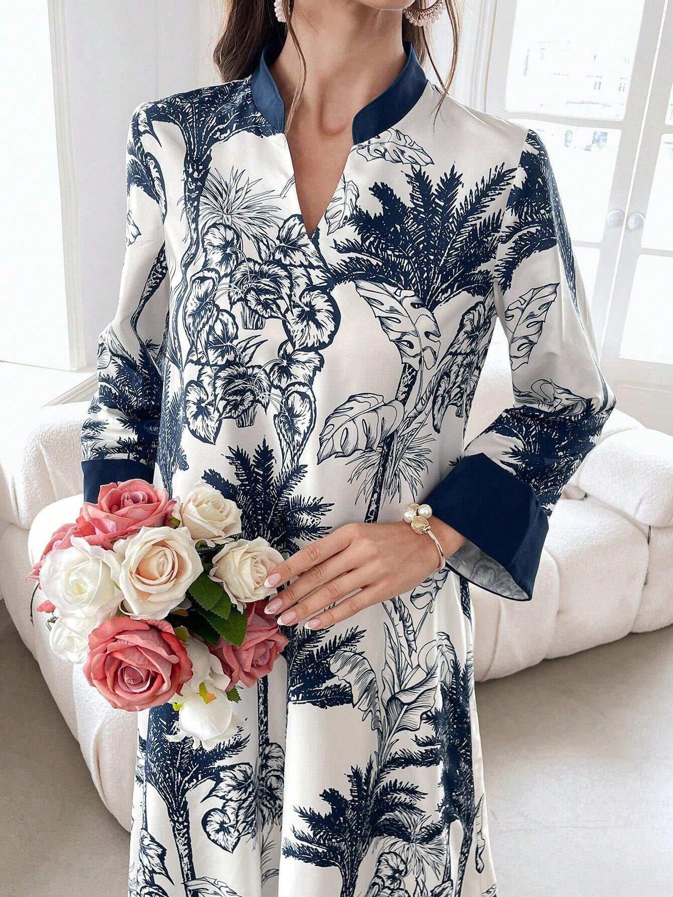 Al Najma Women'S Summer Botanical Printed Long Modest Long Sleeve Arabian Dress, Kaftan