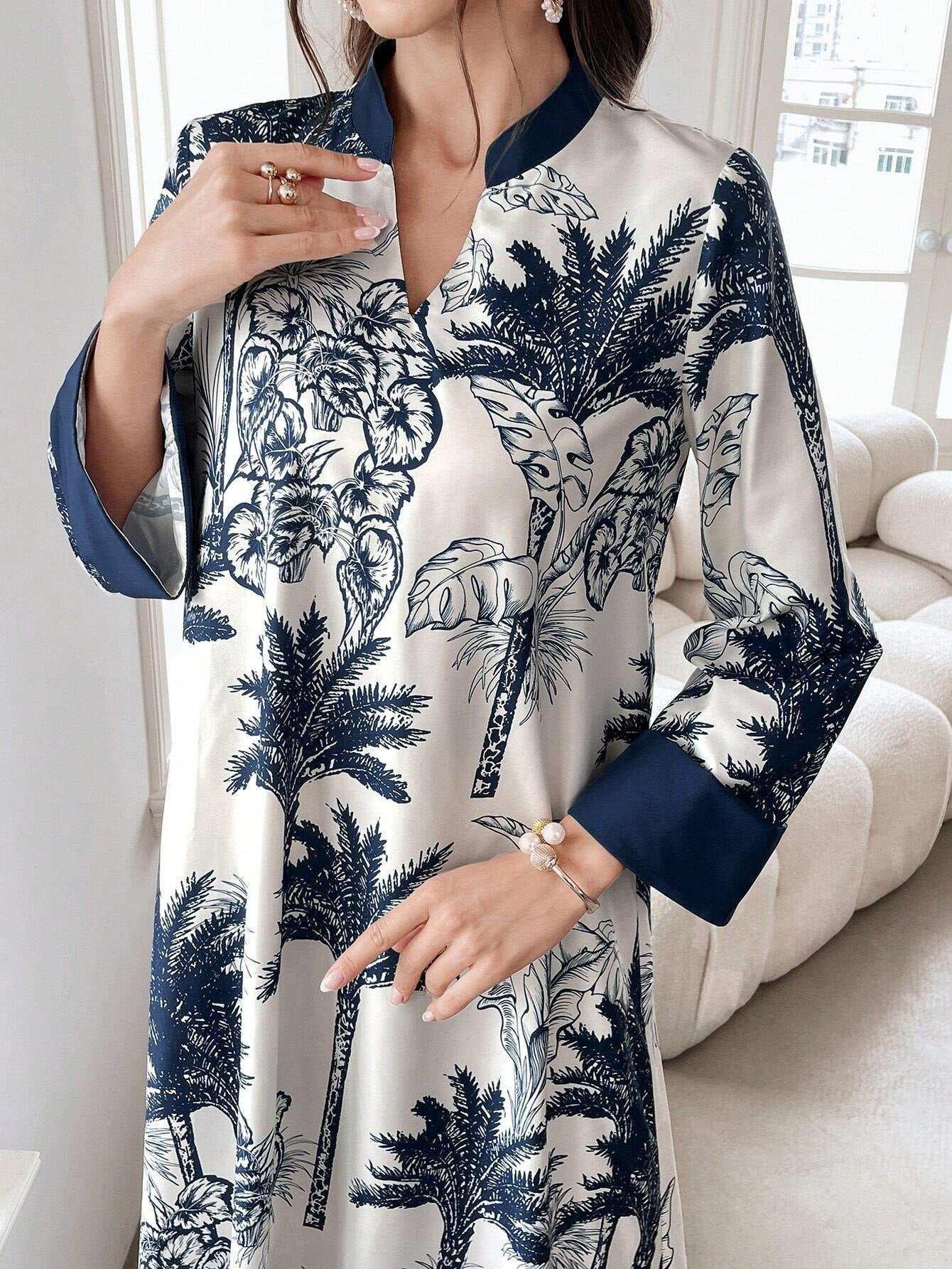 Al Najma Women'S Summer Botanical Printed Long Modest Long Sleeve Arabian Dress, Kaftan