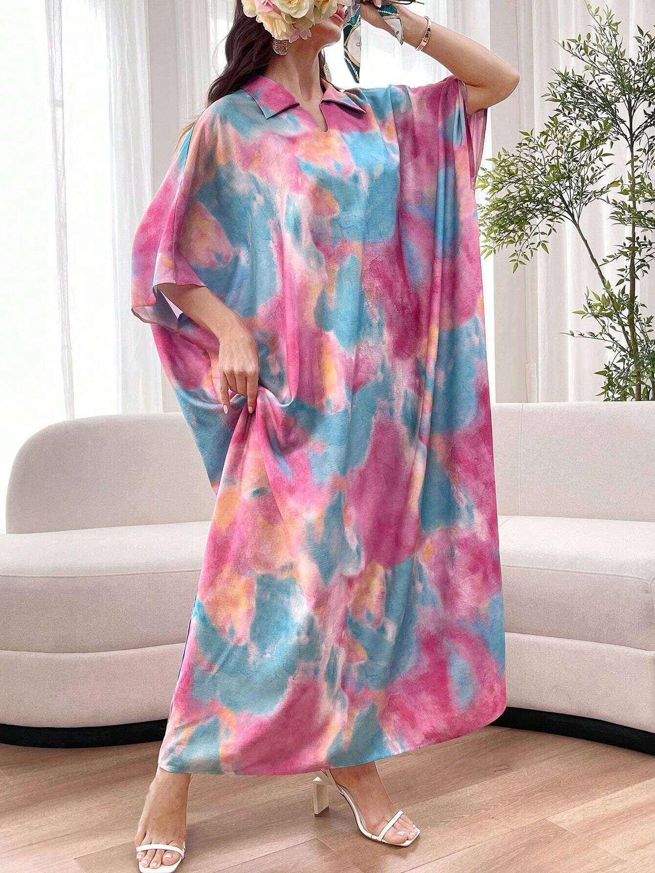 Al Najma Oversized Tie Dye Polo Collar Short Sleeve Dress, Spring/Summer