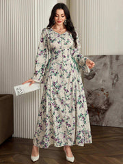 Al Najma Floral Allover Print Long Sleeve Lace-Up Arabic Style Dress, Casual Elegant a Line Maxi Kaftan Jalabiya Arabian Dresses, for Evening Party/Wedding Guest/Anniversary Fall Cloth for Women