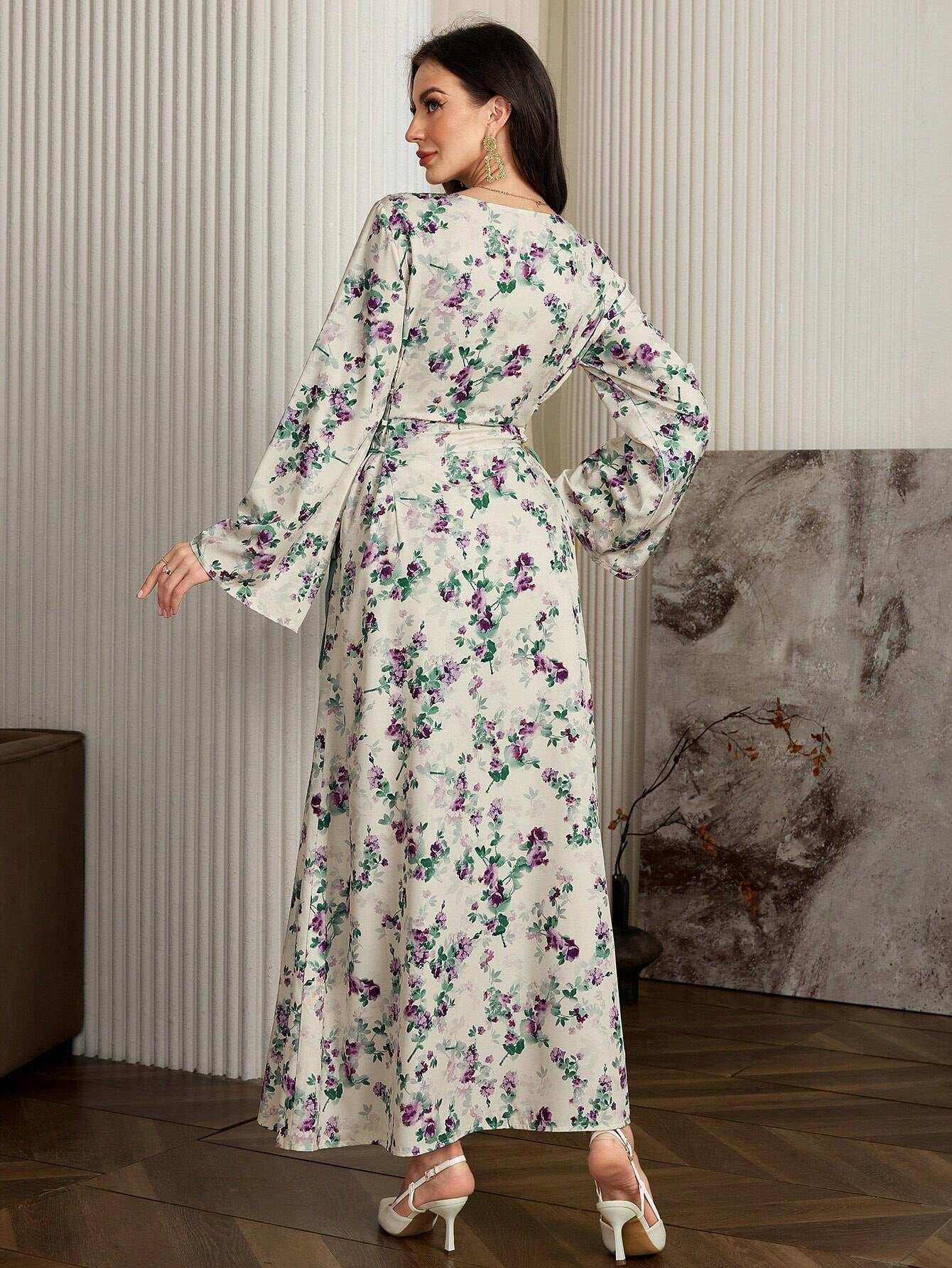 Al Najma Floral Allover Print Long Sleeve Lace-Up Arabic Style Dress, Casual Elegant a Line Maxi Kaftan Jalabiya Arabian Dresses, for Evening Party/Wedding Guest/Anniversary Fall Cloth for Women