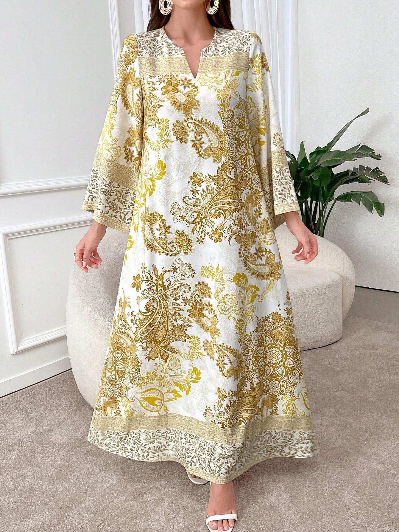 Al Najma Women'S Simple Floral Elegant Long Sleeve Modest Dress, Casual Long Sleeve Maxi Modest Dress