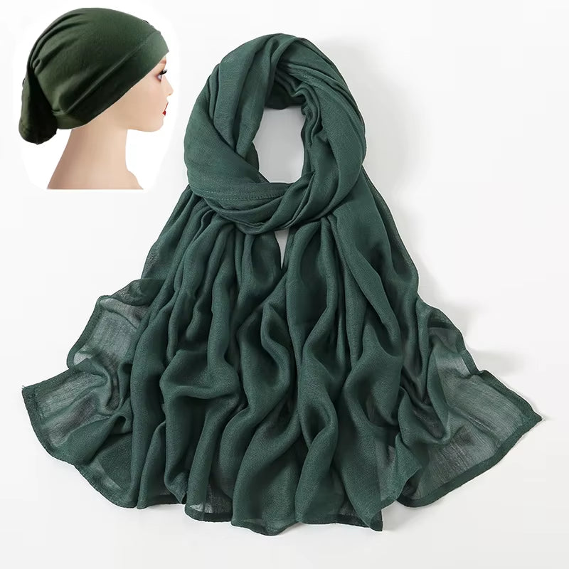 2 Pcs Set Viscose Hijab Matching Color Jersey Cap Plain Cotton Modal Muslim Women Scarf Soft Shawl Turbante Femenino