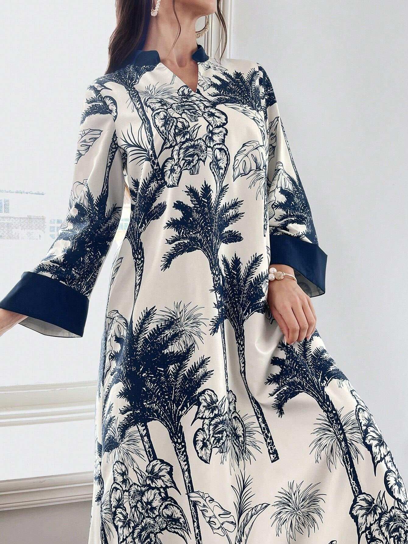 Al Najma Women'S Summer Botanical Printed Long Modest Long Sleeve Arabian Dress, Kaftan