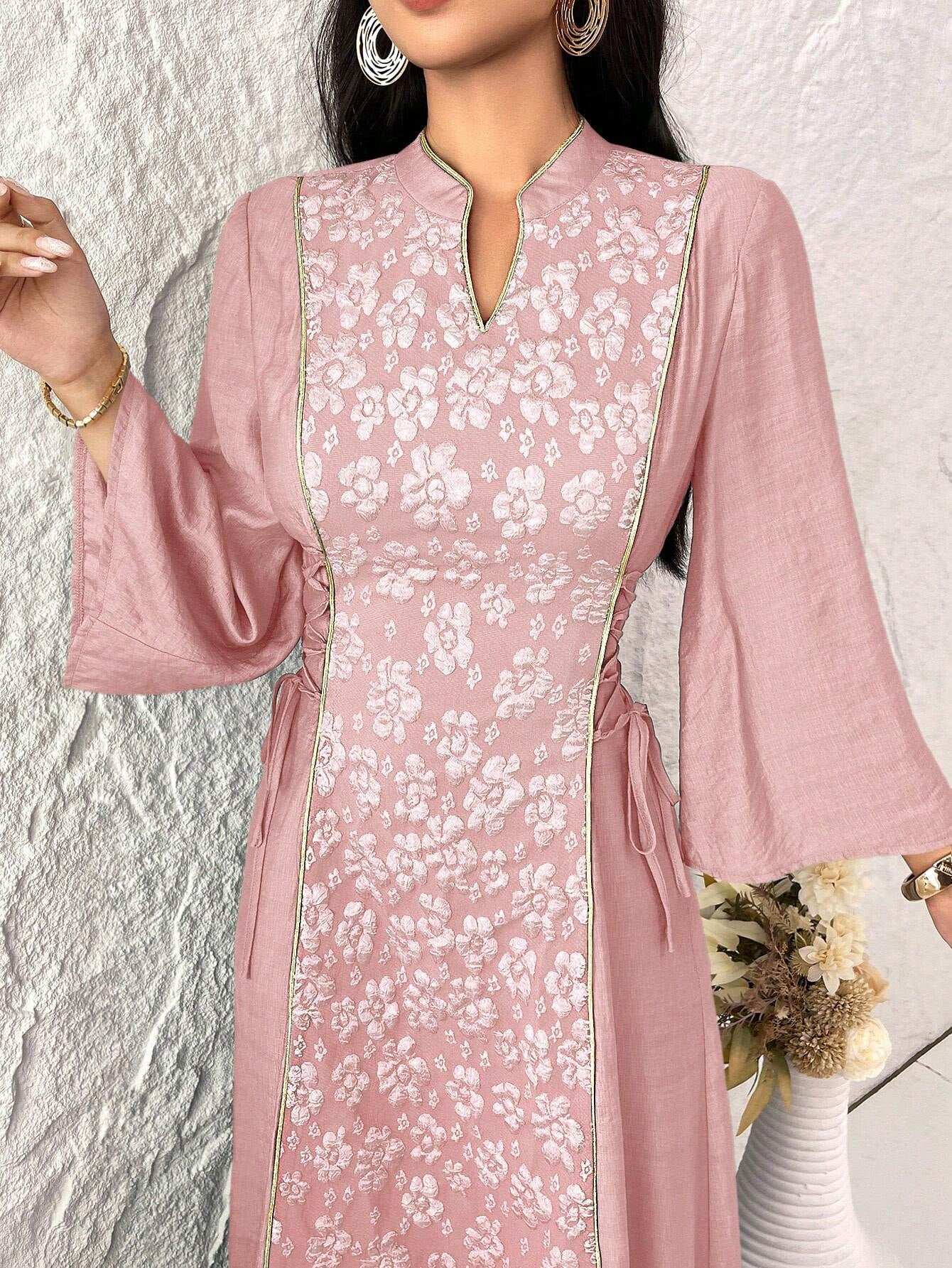 Al Najma Women'S Floral Print Notched Neck Ruffle Hem Elegant Long Sleeve Dress