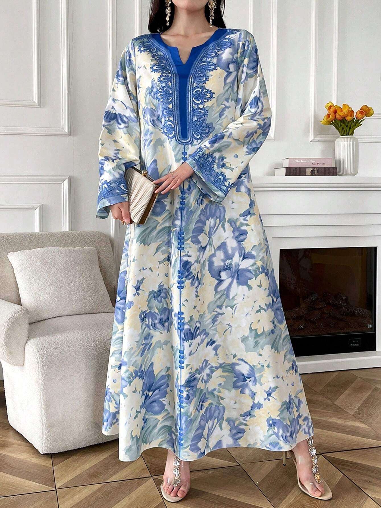Al Najma Women'S Elegant Floral Print Long Bell Sleeve Modest Dress, Spring/Summer, Kaftan