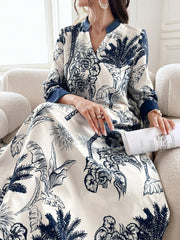 Al Najma Women'S Summer Botanical Printed Long Modest Long Sleeve Arabian Dress, Kaftan