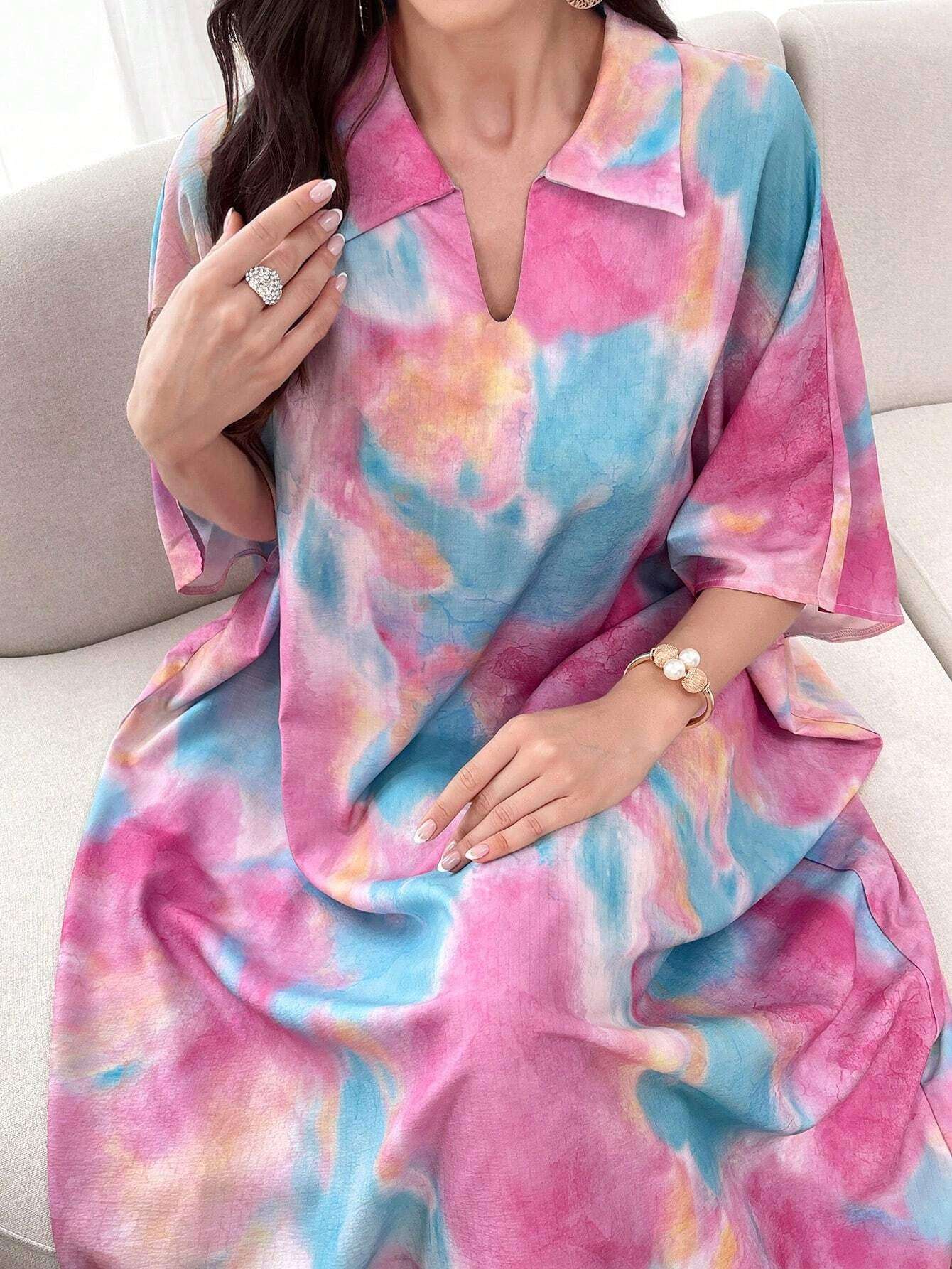 Al Najma Oversized Tie Dye Polo Collar Short Sleeve Dress, Spring/Summer