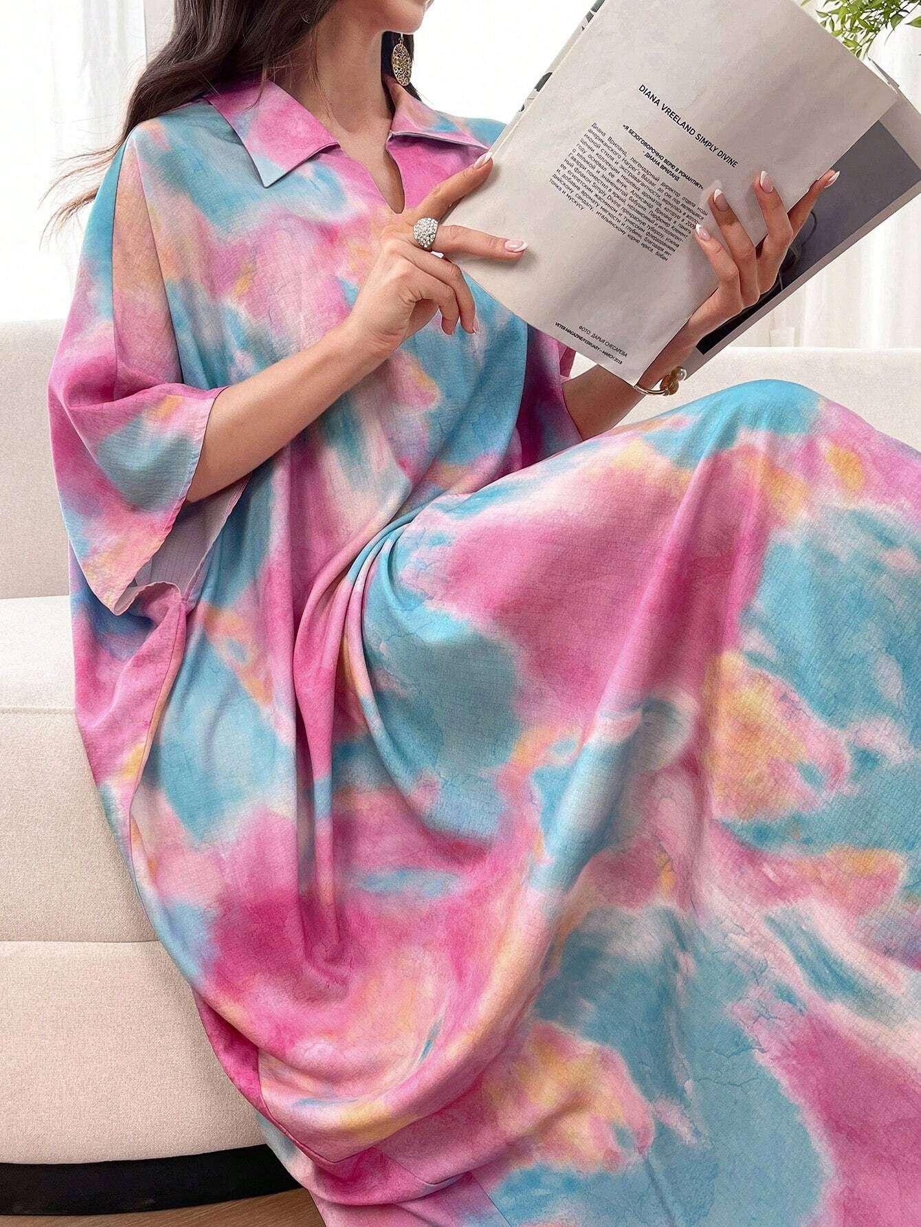 Al Najma Oversized Tie Dye Polo Collar Short Sleeve Dress, Spring/Summer