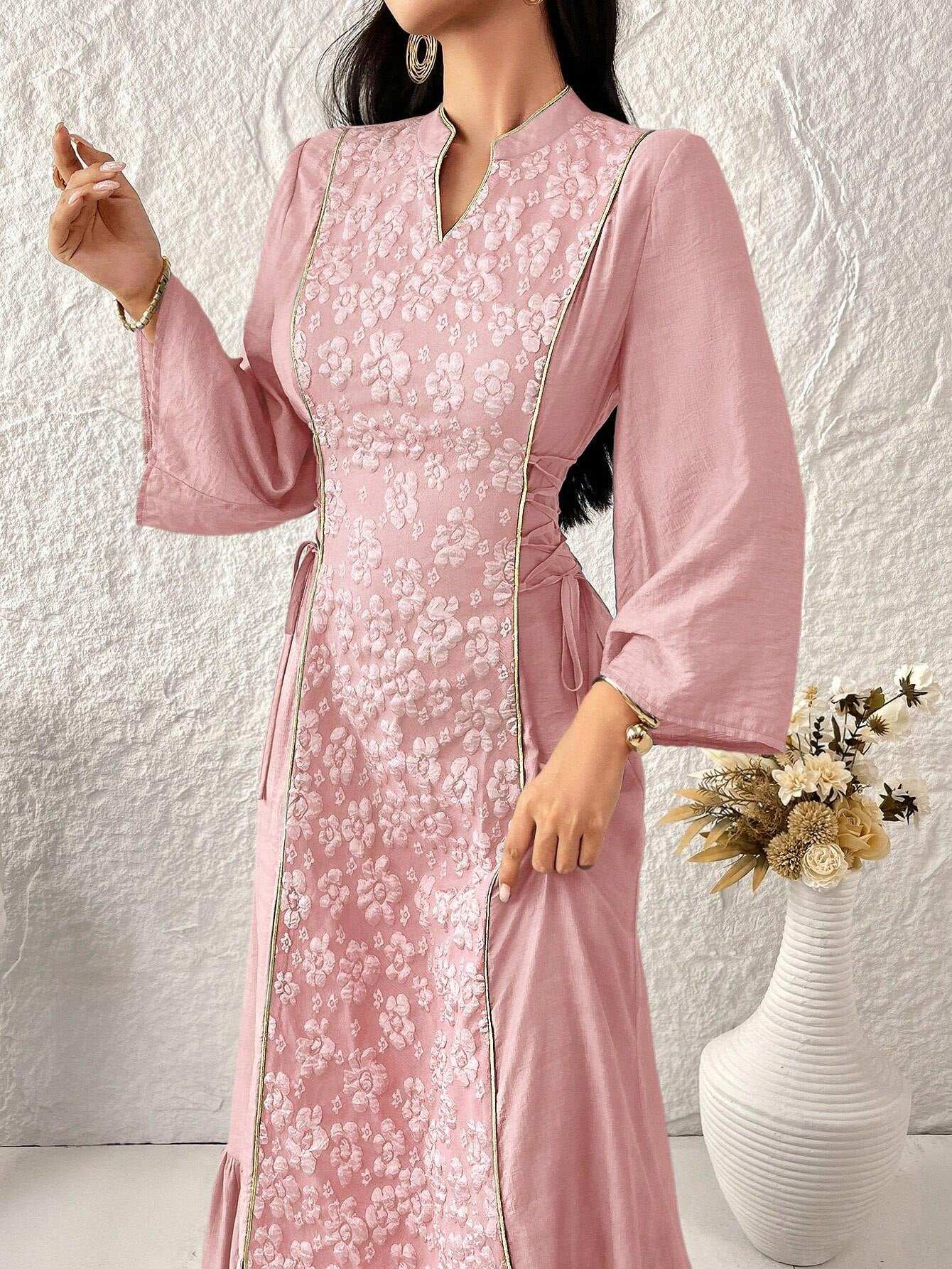 Al Najma Women'S Floral Print Notched Neck Ruffle Hem Elegant Long Sleeve Dress