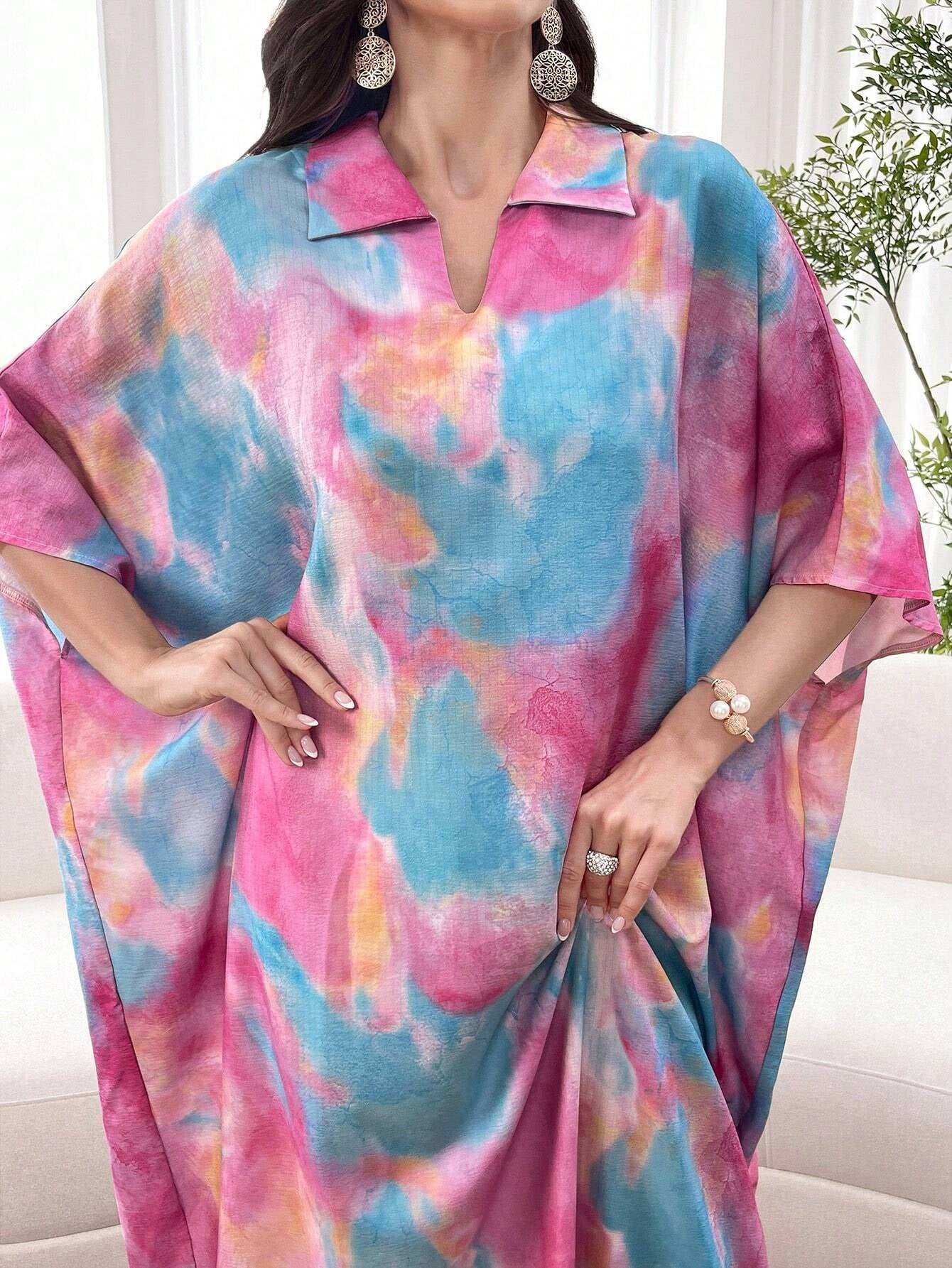 Al Najma Oversized Tie Dye Polo Collar Short Sleeve Dress, Spring/Summer