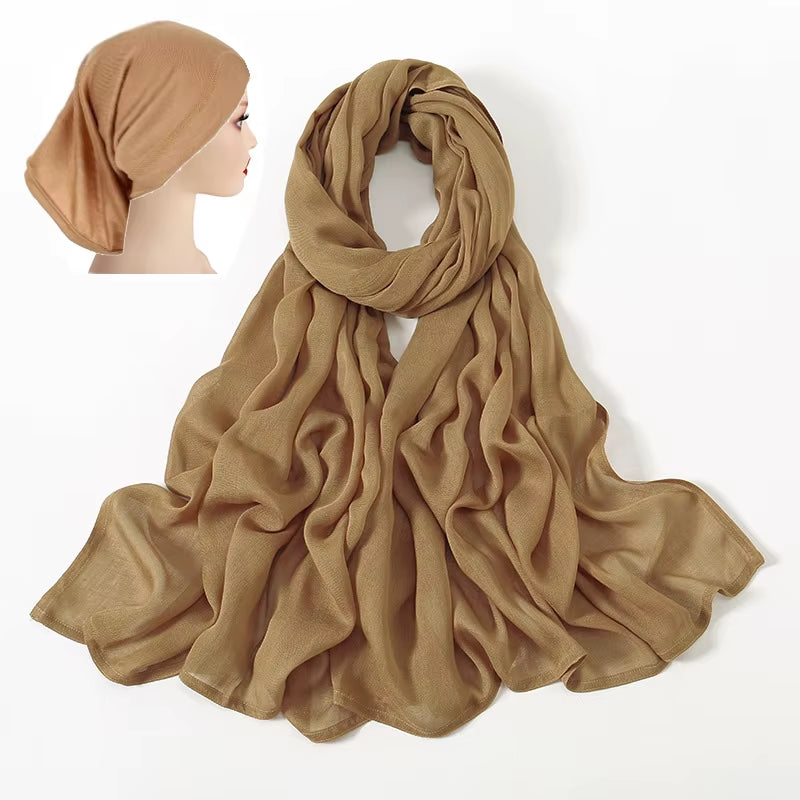 2 Pcs Set Viscose Hijab Matching Color Jersey Cap Plain Cotton Modal Muslim Women Scarf Soft Shawl Turbante Femenino