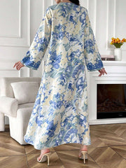 Al Najma Women'S Elegant Floral Print Long Bell Sleeve Modest Dress, Spring/Summer, Kaftan