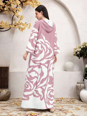 Mulvari Loose Fit Arabian Hooded Printed Casual Modest Long Sleeve Dress