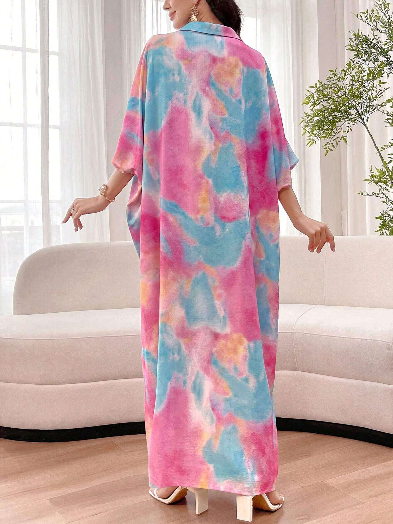 Al Najma Oversized Tie Dye Polo Collar Short Sleeve Dress, Spring/Summer