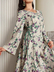 Al Najma Floral Allover Print Long Sleeve Lace-Up Arabic Style Dress, Casual Elegant a Line Maxi Kaftan Jalabiya Arabian Dresses, for Evening Party/Wedding Guest/Anniversary Fall Cloth for Women
