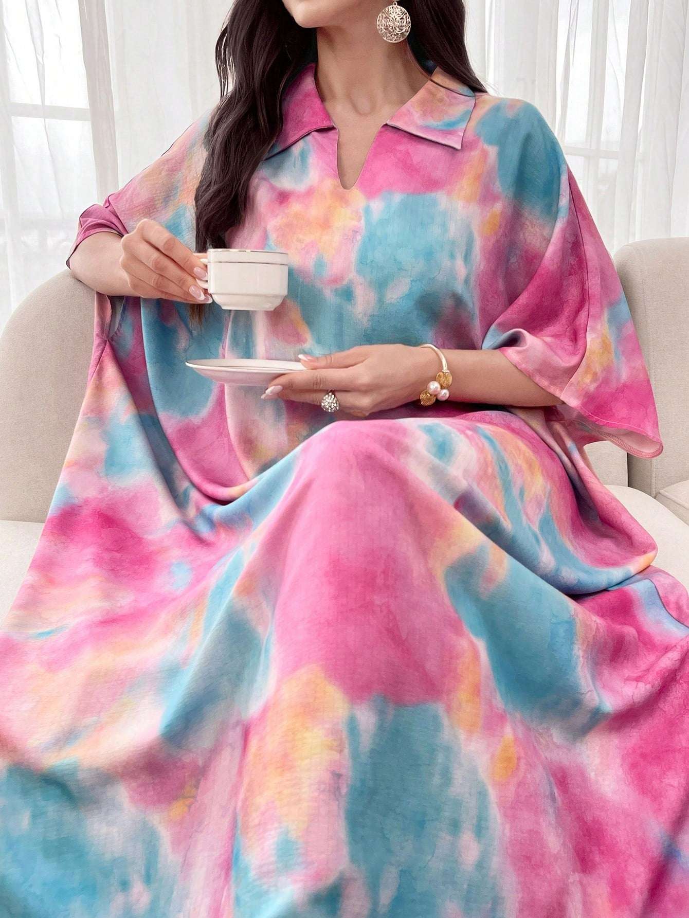 Al Najma Oversized Tie Dye Polo Collar Short Sleeve Dress, Spring/Summer