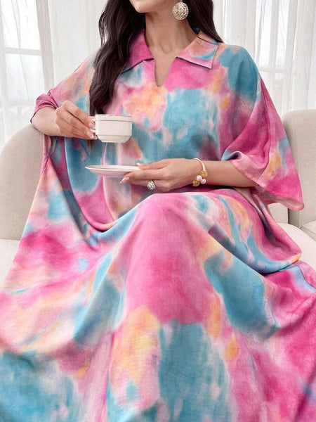Al Najma Oversized Tie Dye Polo Collar Short Sleeve Dress, Spring/Summer
