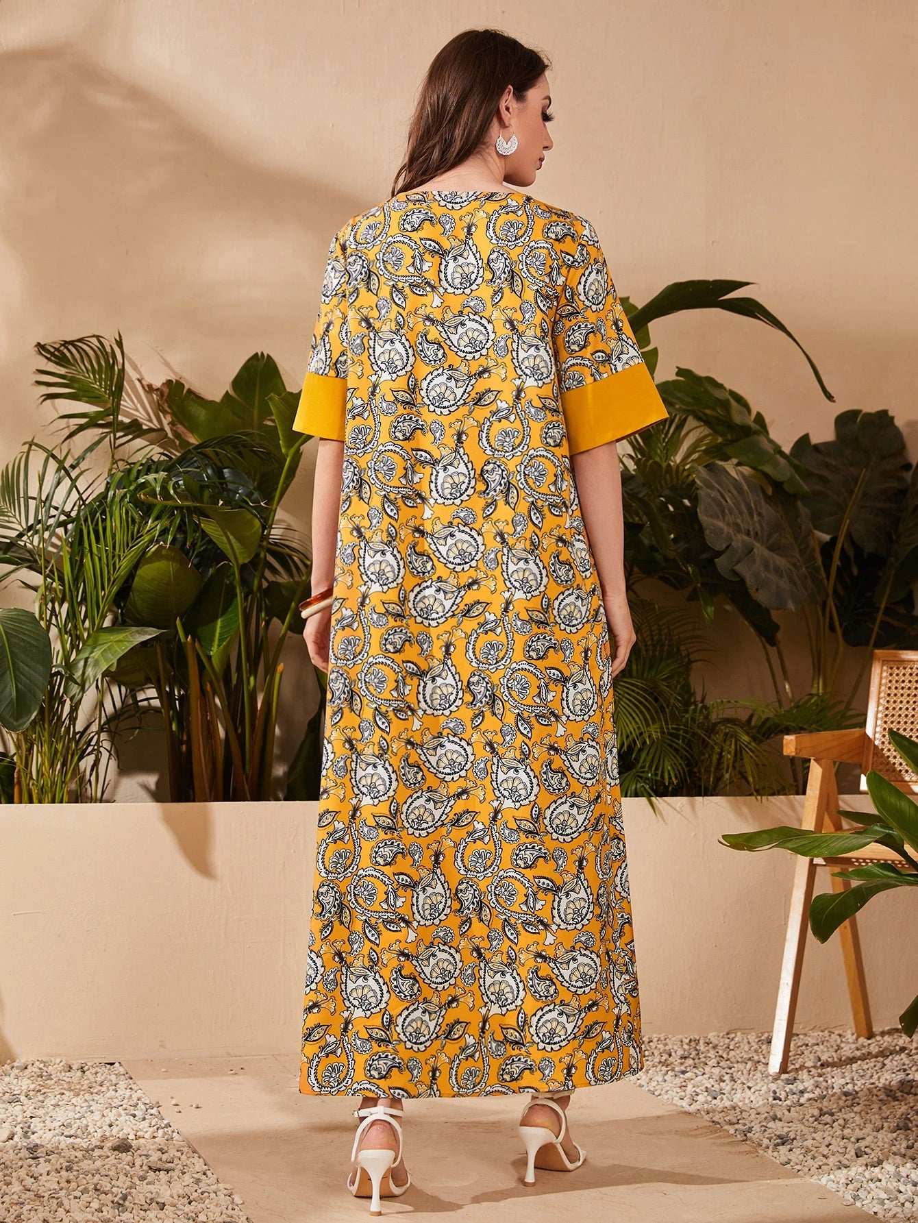 Al Najma Paisley Print Flounce Sleeve Kaftan Modest Arabian Dress
