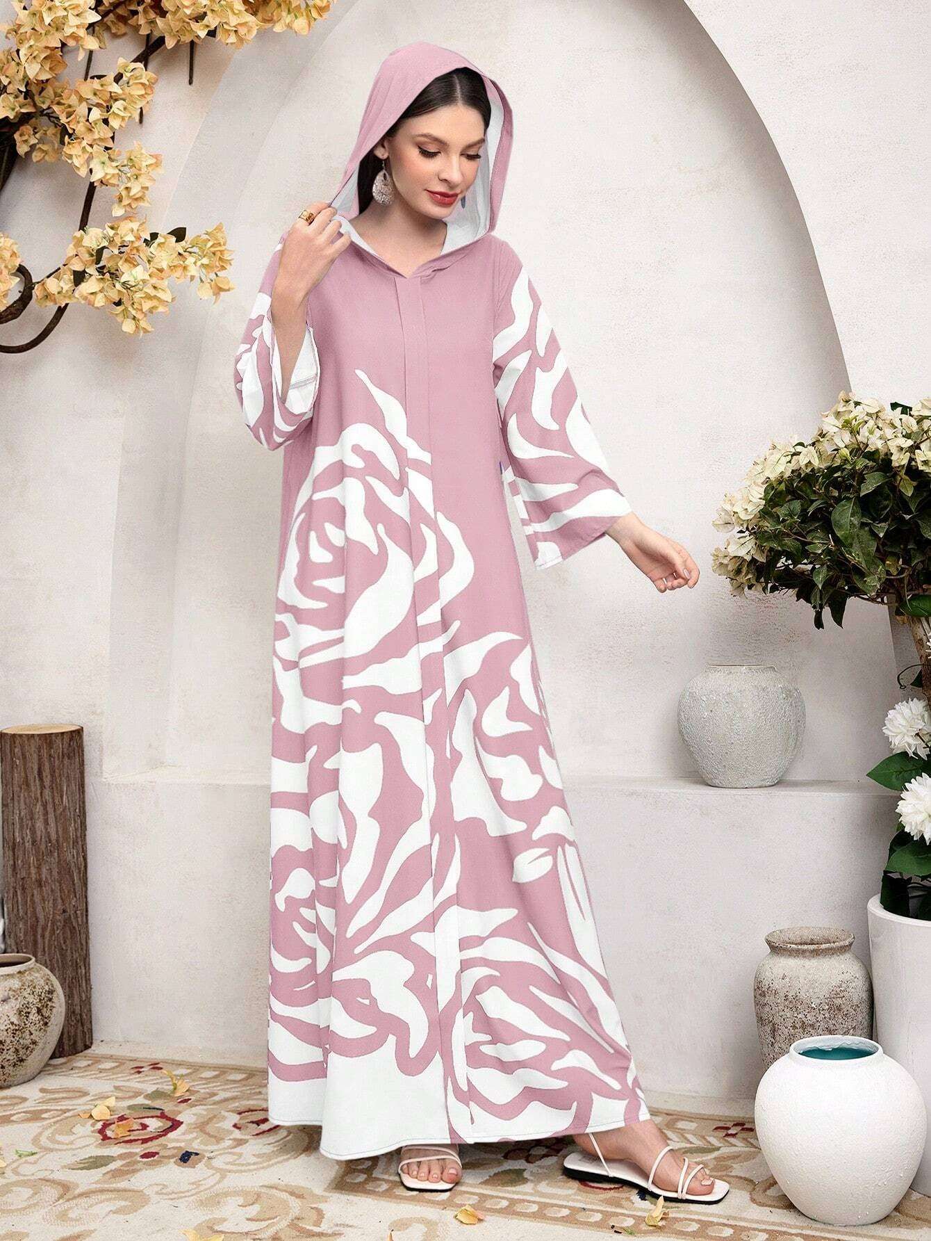 Mulvari Loose Fit Arabian Hooded Printed Casual Modest Long Sleeve Dress