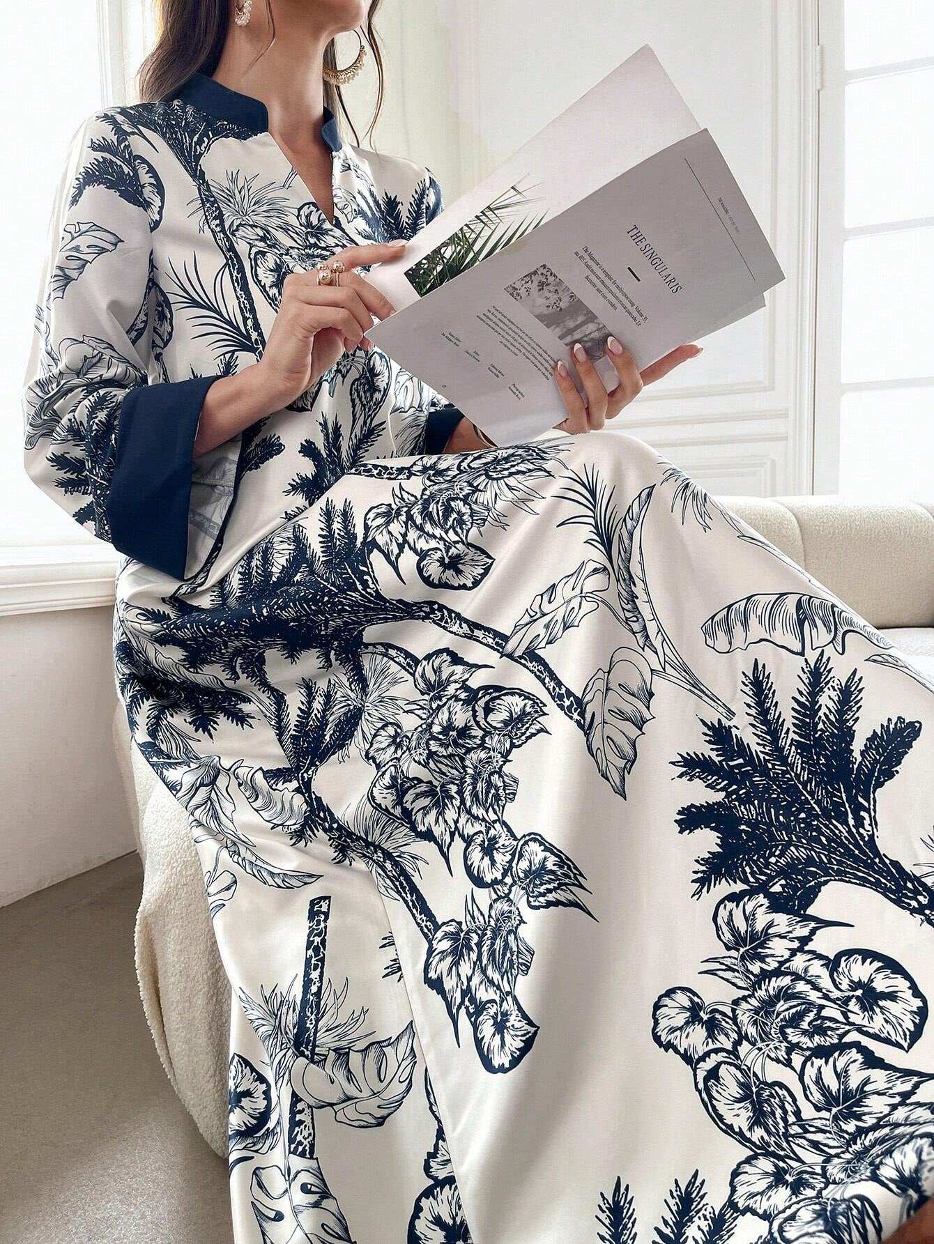 Al Najma Women'S Summer Botanical Printed Long Modest Long Sleeve Arabian Dress, Kaftan