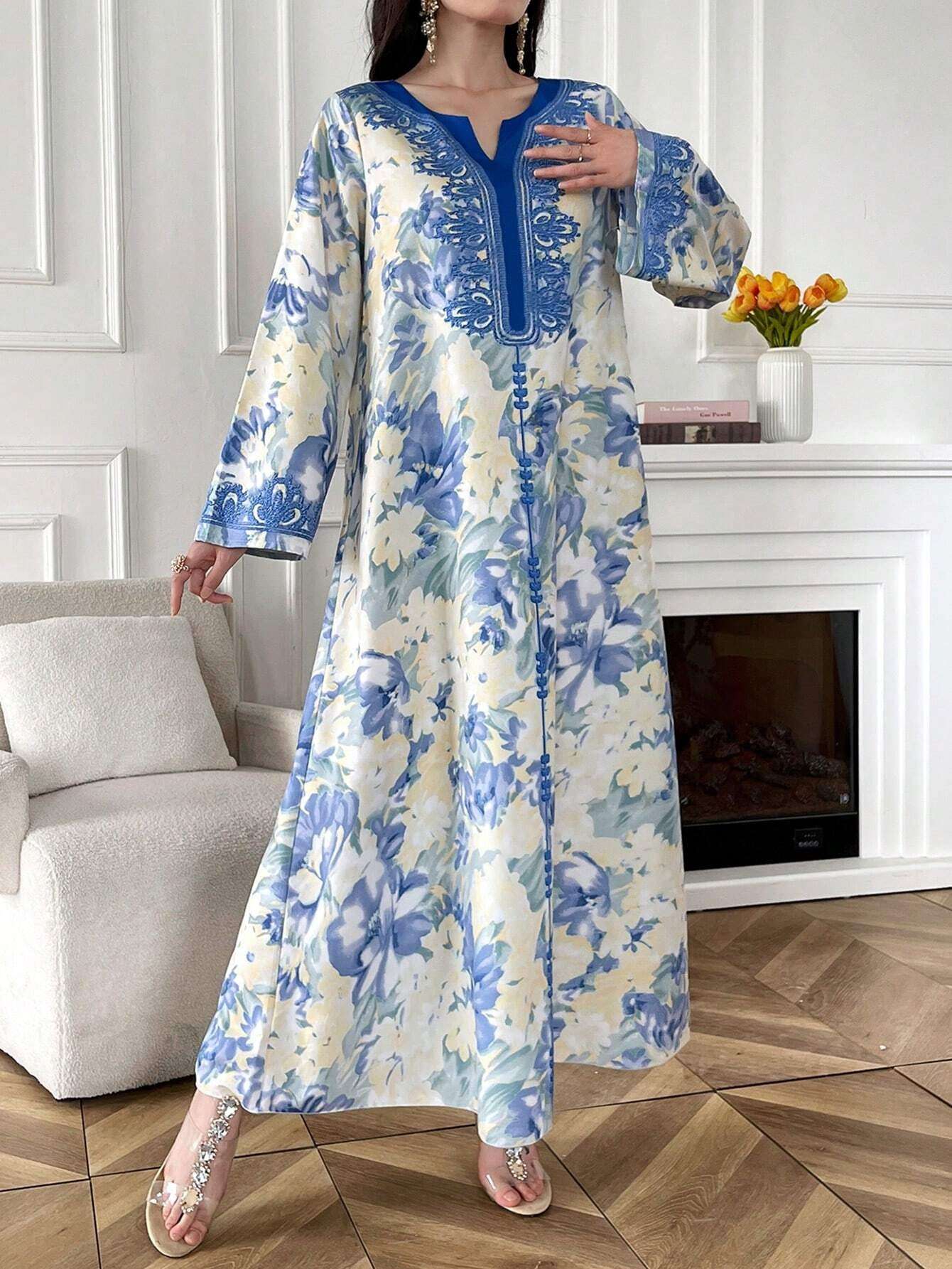 Al Najma Women'S Elegant Floral Print Long Bell Sleeve Modest Dress, Spring/Summer, Kaftan