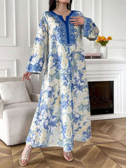 Al Najma Women'S Elegant Floral Print Long Bell Sleeve Modest Dress, Spring/Summer, Kaftan