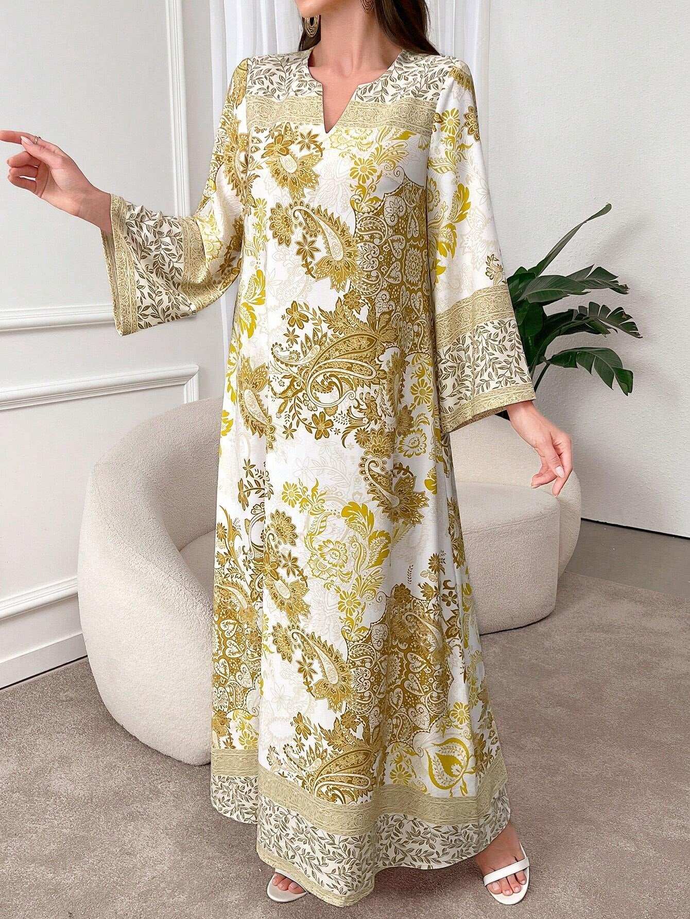 Al Najma Women'S Simple Floral Elegant Long Sleeve Modest Dress, Casual Long Sleeve Maxi Modest Dress