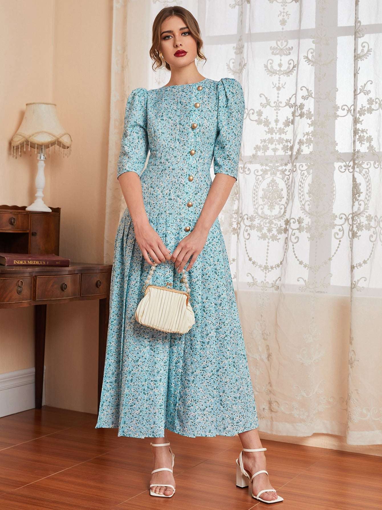 Modelyn Ditsy Floral Button Front Plicated Detail Puff Sleeve Modest Dress