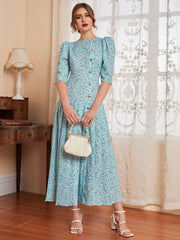 Modelyn Ditsy Floral Button Front Plicated Detail Puff Sleeve Modest Dress