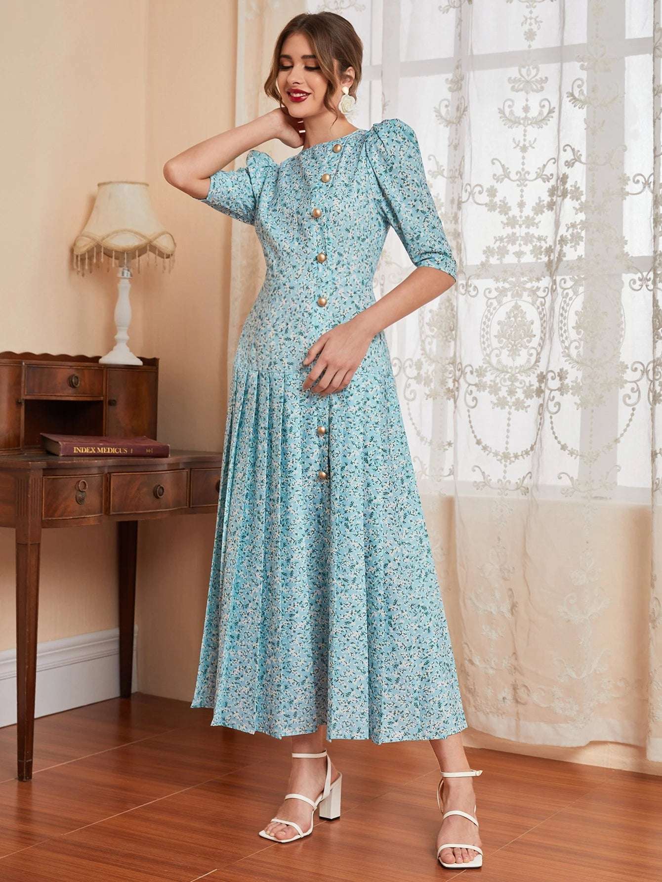 Modelyn Ditsy Floral Button Front Plicated Detail Puff Sleeve Modest Dress