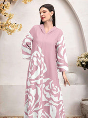 Mulvari Loose Fit Arabian Hooded Printed Casual Modest Long Sleeve Dress