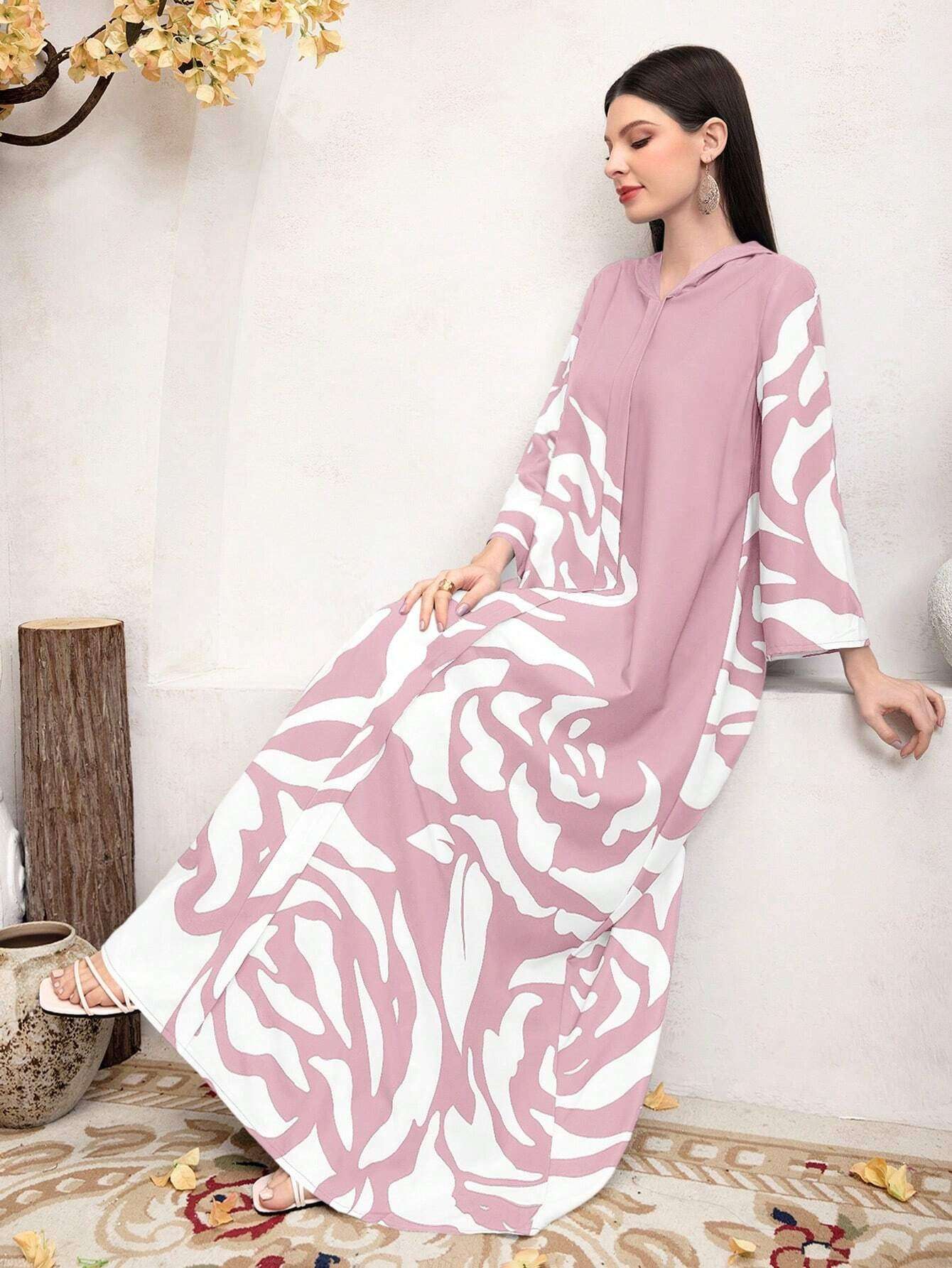 Mulvari Loose Fit Arabian Hooded Printed Casual Modest Long Sleeve Dress