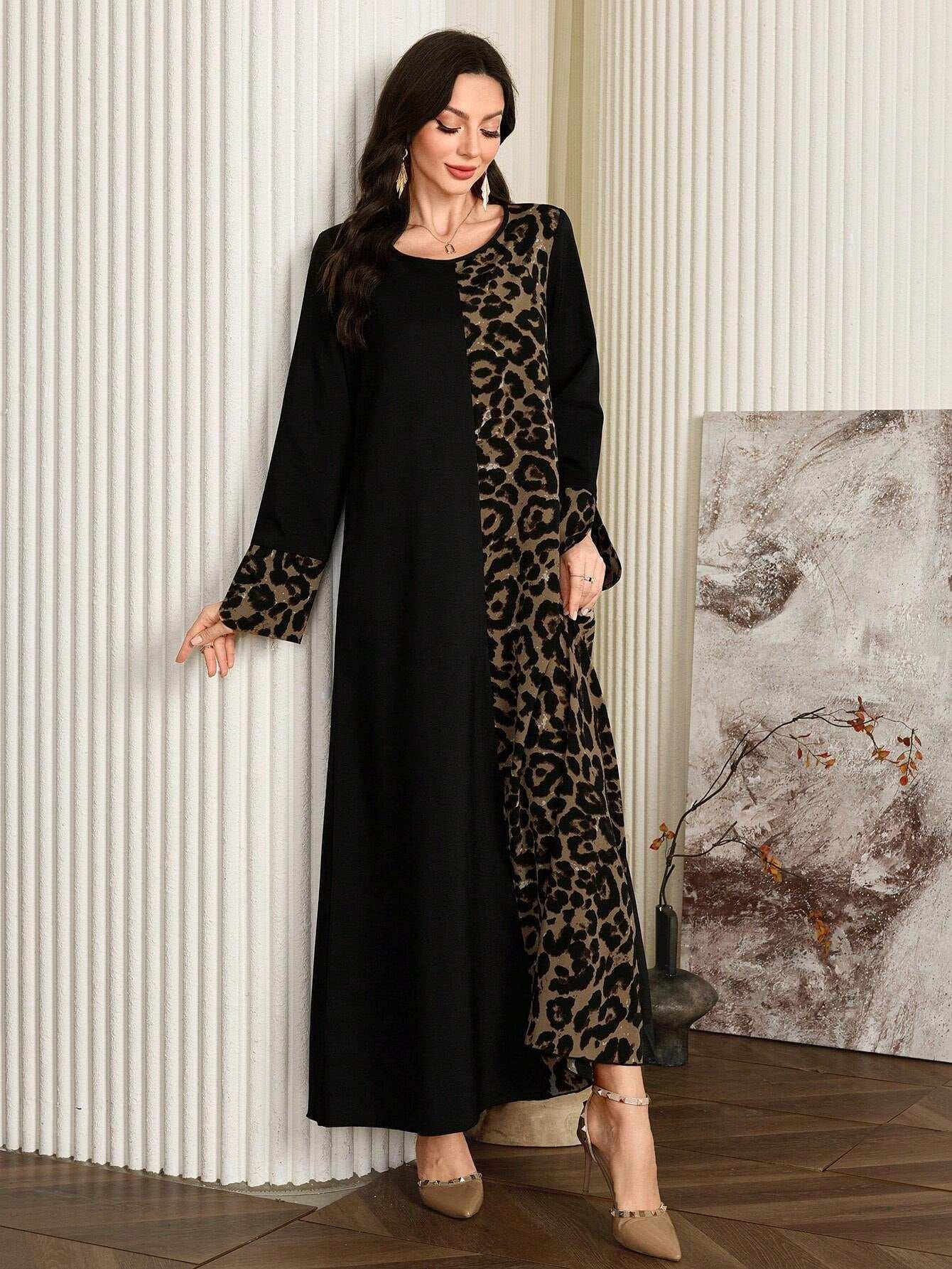 Al Najma Women'S Leopard Print Long Sleeve Maxi Casual Arabian Dress, Casual Modest a Line Arabian Dresses, for Casual Daily/Travel/Holiday/Vacation