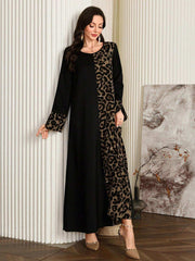 Al Najma Women'S Leopard Print Long Sleeve Maxi Casual Arabian Dress, Casual Modest a Line Arabian Dresses, for Casual Daily/Travel/Holiday/Vacation