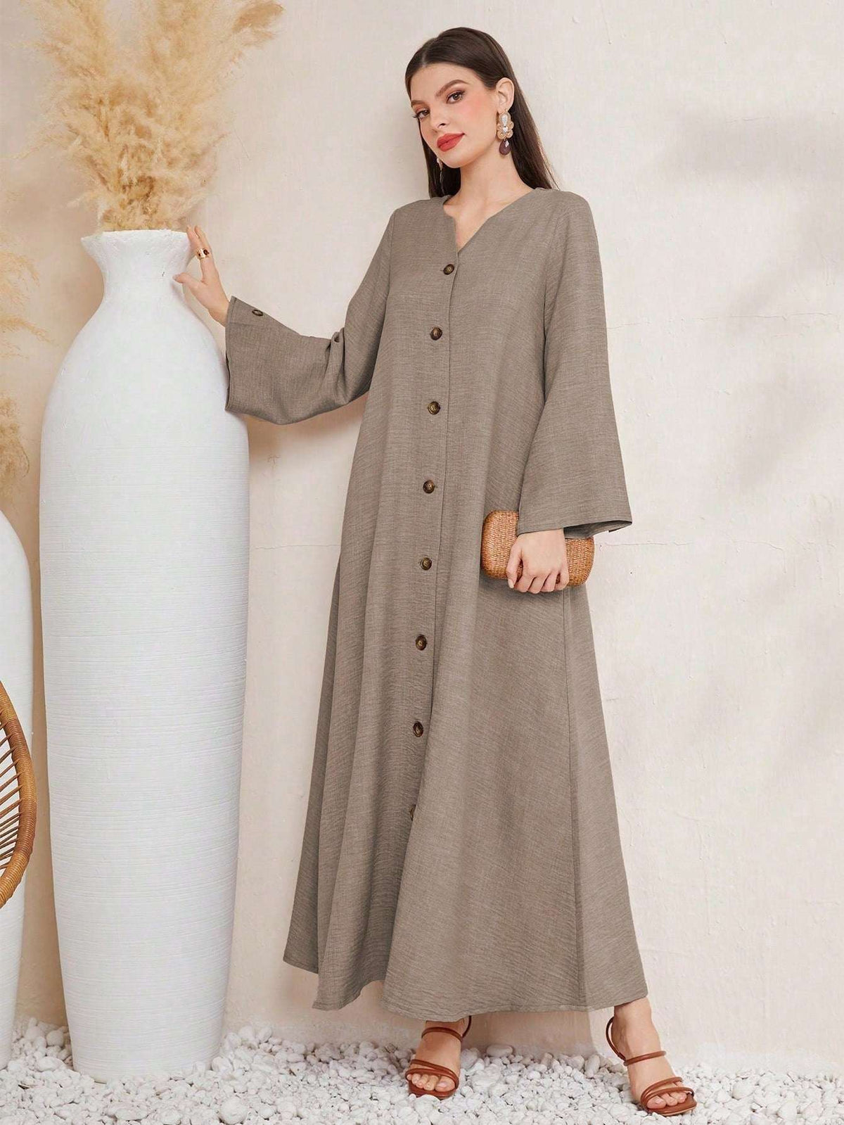 Al Najma Women Fashionable Elegant Long Sleeve Solid Color Robe Modest Abaya Arabian Dress