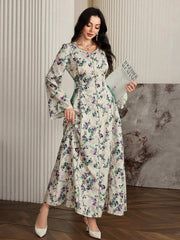Al Najma Floral Allover Print Long Sleeve Lace-Up Arabic Style Dress, Casual Elegant a Line Maxi Kaftan Jalabiya Arabian Dresses, for Evening Party/Wedding Guest/Anniversary Fall Cloth for Women