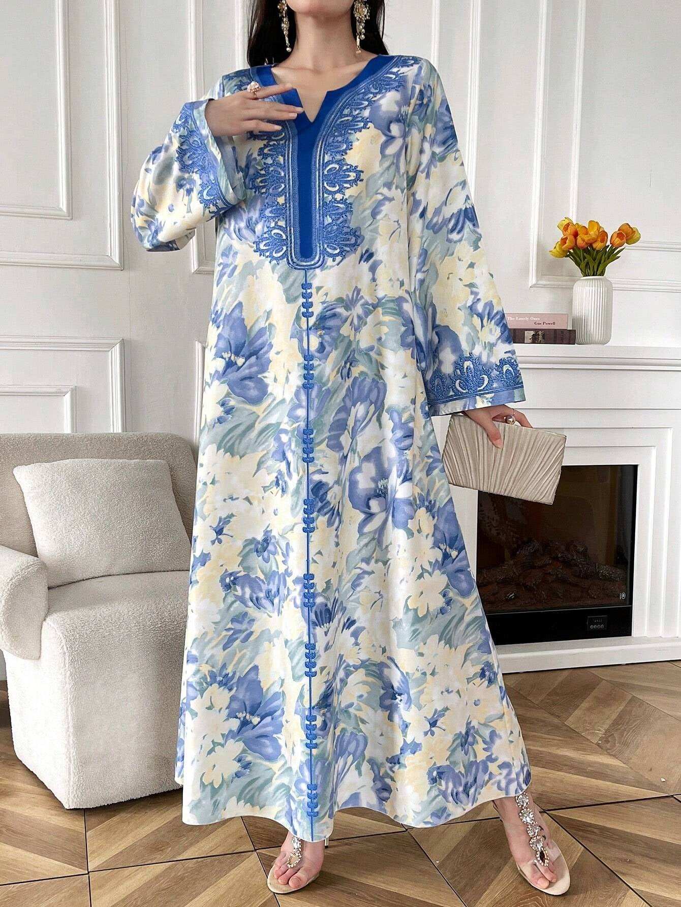 Al Najma Women'S Elegant Floral Print Long Bell Sleeve Modest Dress, Spring/Summer, Kaftan