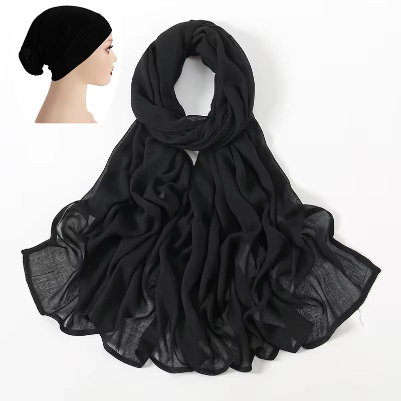 2 Pcs Set Viscose Hijab Matching Color Jersey Cap Plain Cotton Modal Muslim Women Scarf Soft Shawl Turbante Femenino