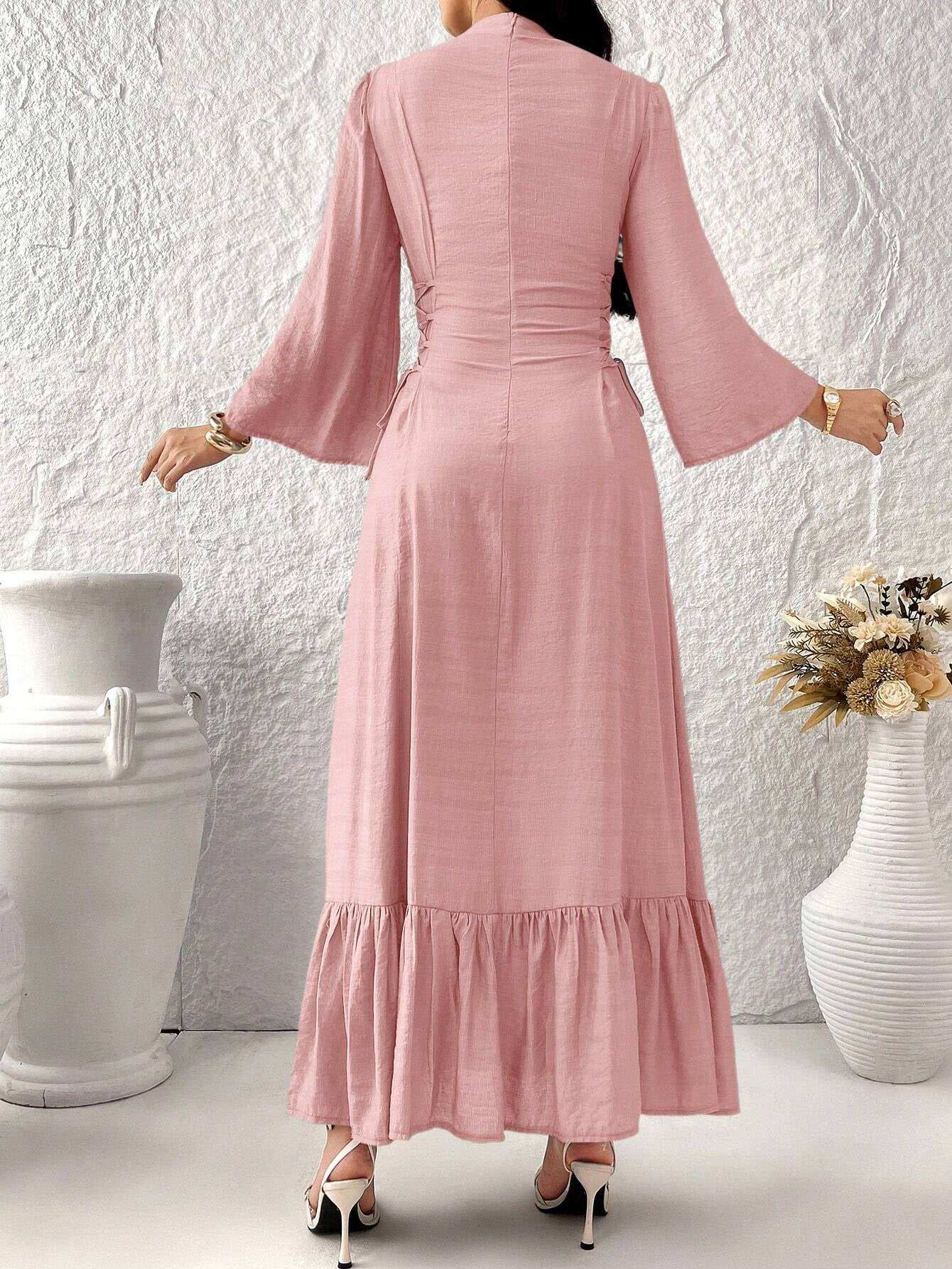 Al Najma Women'S Floral Print Notched Neck Ruffle Hem Elegant Long Sleeve Dress