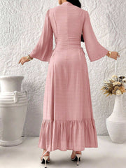 Al Najma Women'S Floral Print Notched Neck Ruffle Hem Elegant Long Sleeve Dress