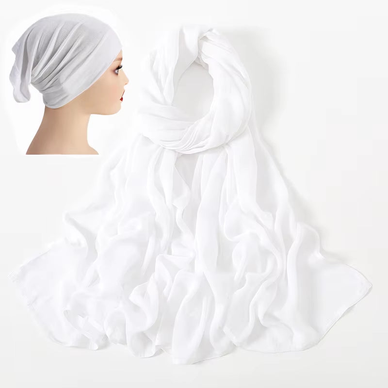 2 Pcs Set Viscose Hijab Matching Color Jersey Cap Plain Cotton Modal Muslim Women Scarf Soft Shawl Turbante Femenino